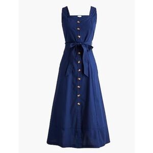 J. Crew Factory Navy Blue Midi Dress with Front Buttons & Waist Tie